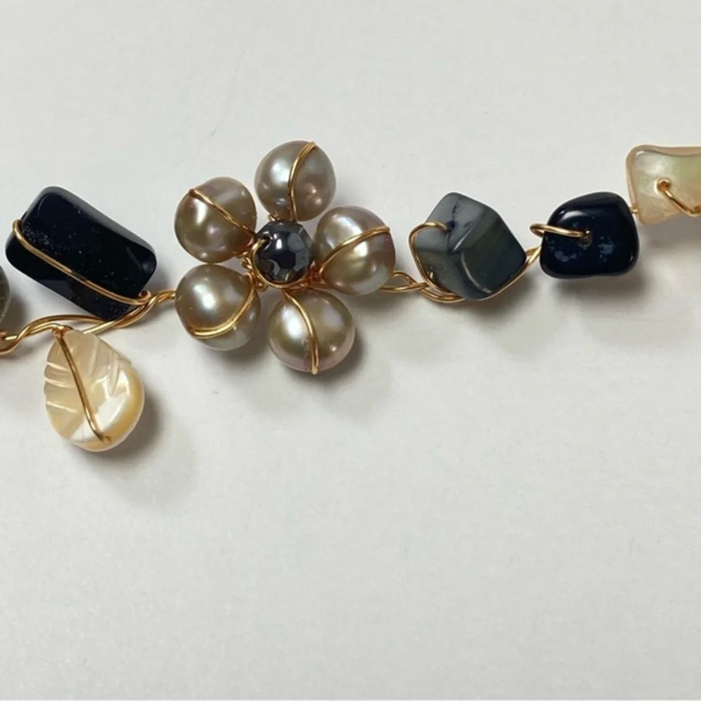 Abra Couture Handmade Natural Shell Beiges Gem Flower Collar GW Artisan Necklace